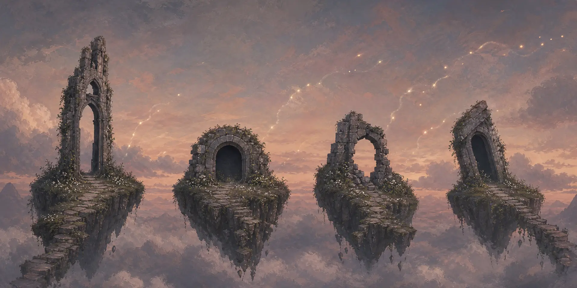 Four ruined portal arches on drifting islands in twilight mist