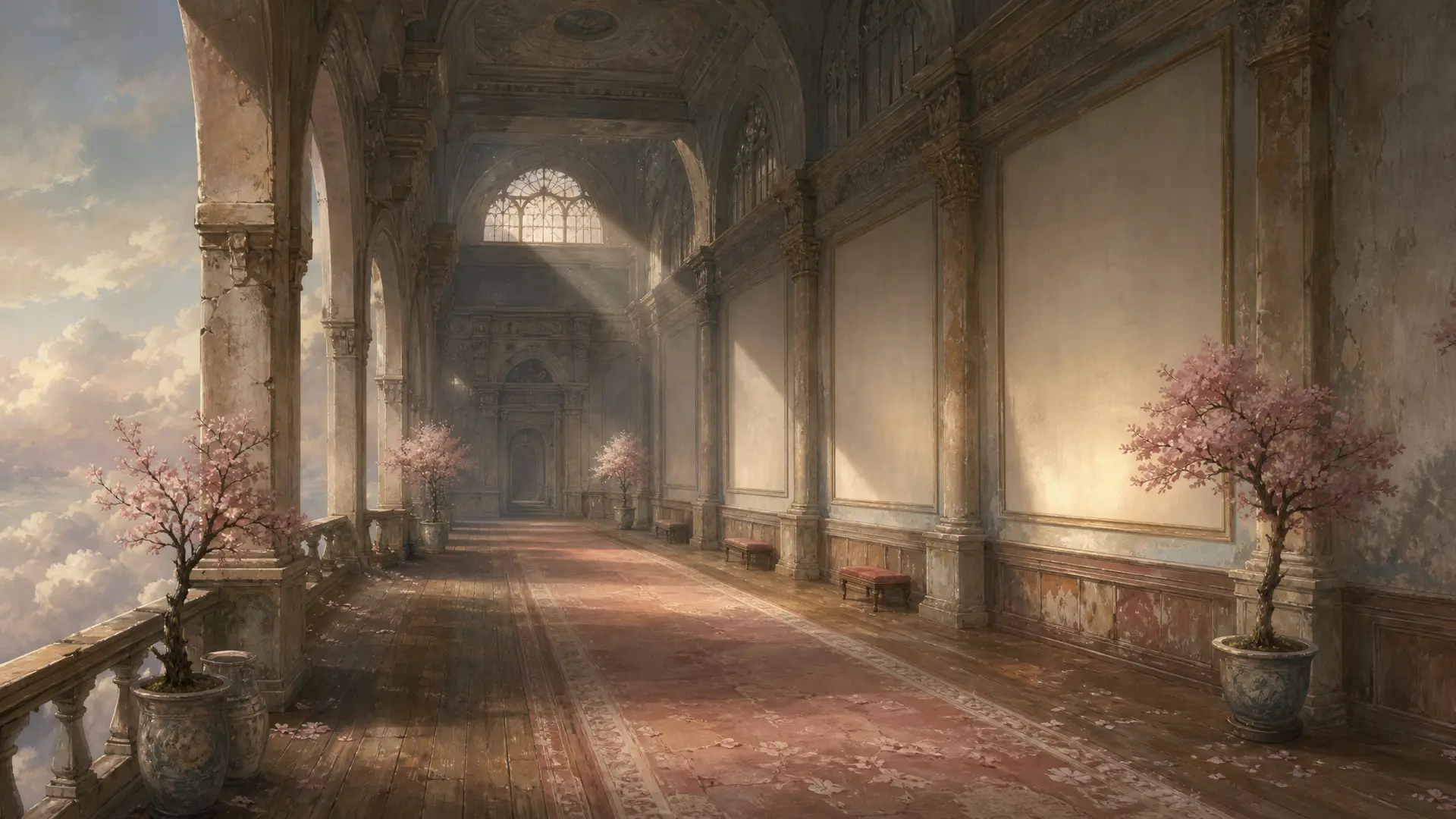 A quiet gallery hall floating among the clouds