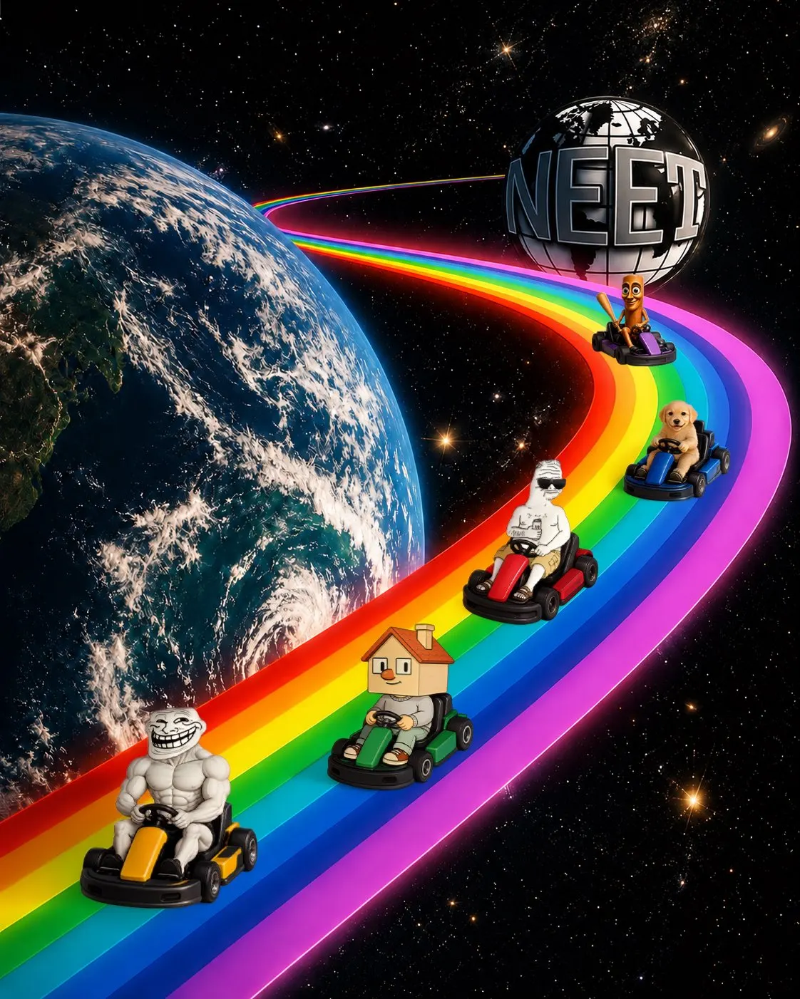 The migration: meme legends karting down a rainbow road through space