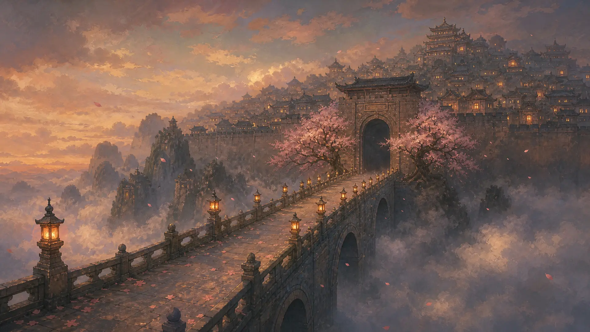 The long bridge home, toward the great gate at dusk